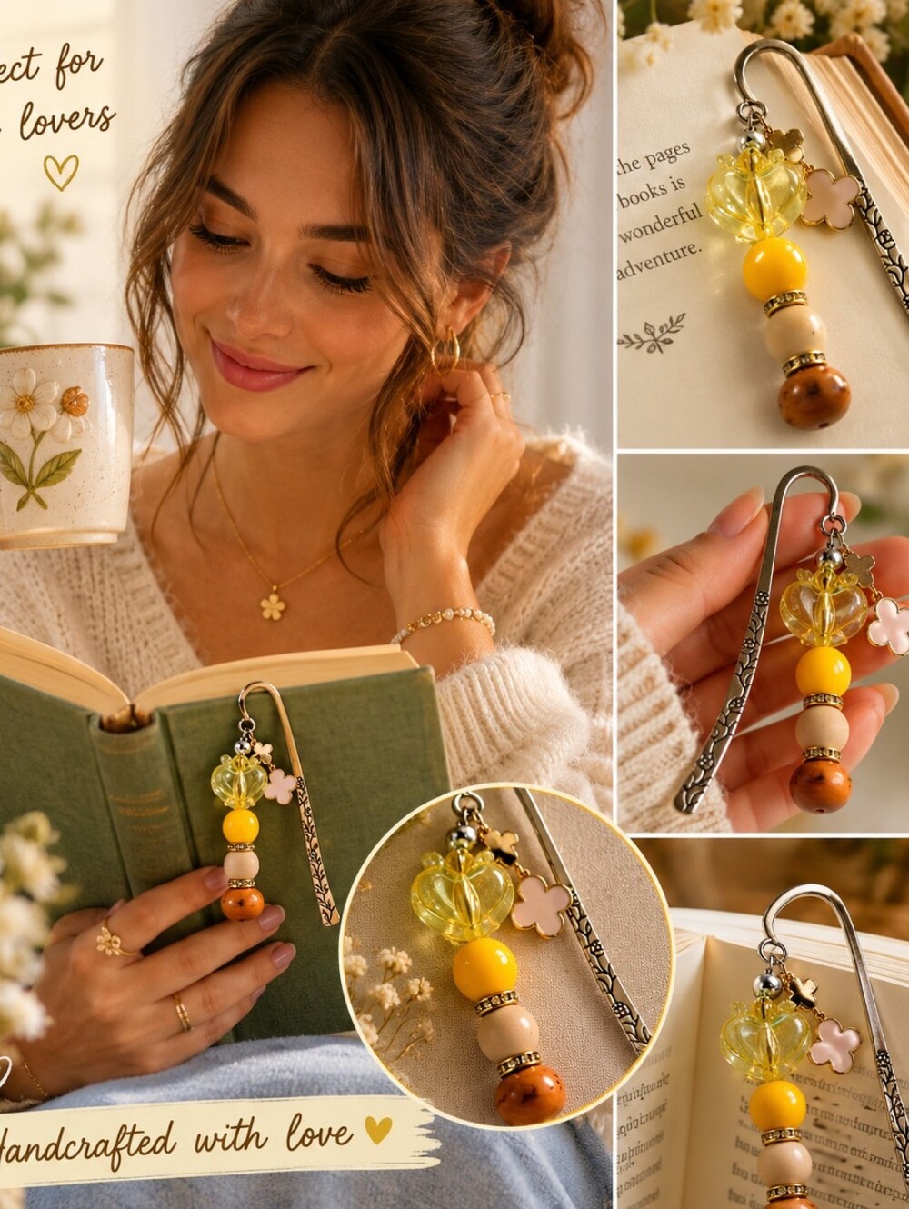 Handcrafted Floral Charm Beaded Bookmark | Yellow Glass Flower & Wood Beads